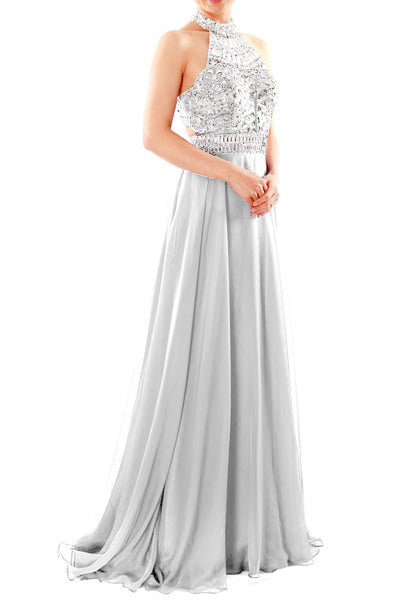MACloth Women Halter High Neck Sleeveless Long Prom Party Dress Evening Gown