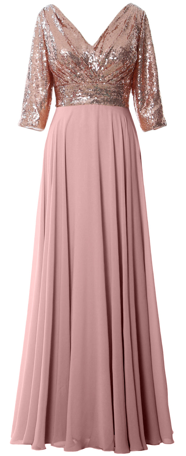 MACloth Damen Maxikleid mit langen Ärmeln und V-Ausschnitt und Pailletten