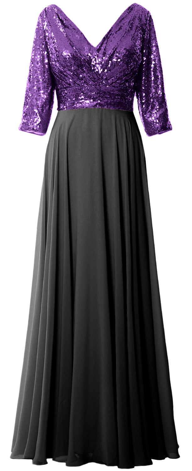 MACloth Damen Maxikleid mit langen Ärmeln und V-Ausschnitt und Pailletten