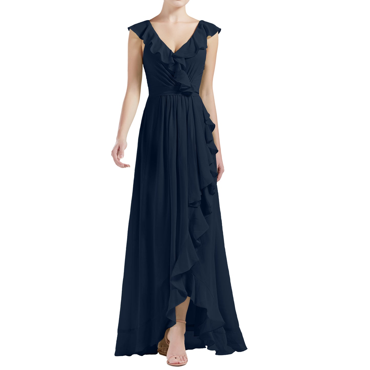 MACloth Women V Neck Ruffle Cap Sleeve Hi-Lo Long Wedding Bridesmaid Dresses