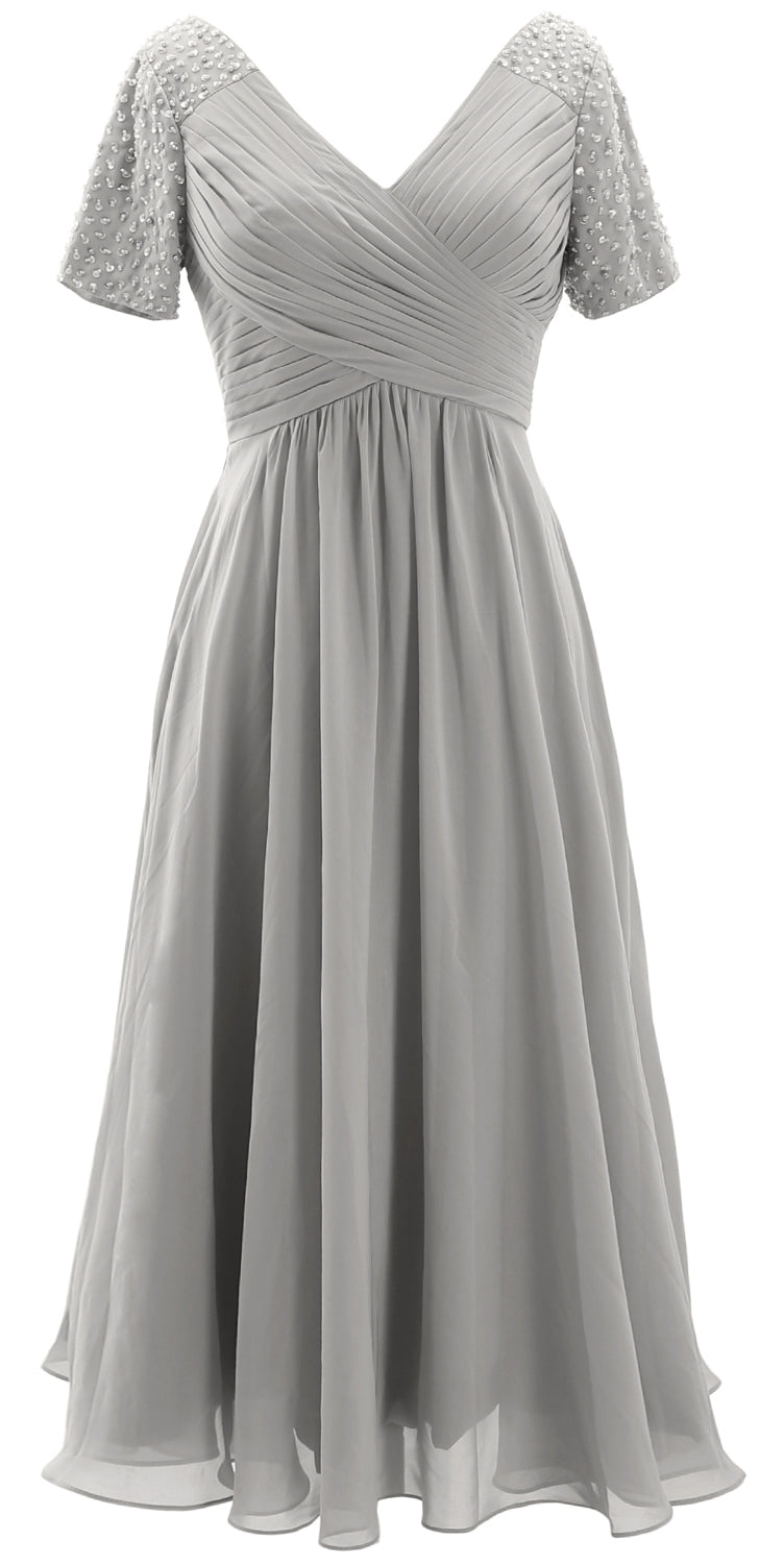MACloth Women Midi Mother Bride Dresses Short Sleeves Wedding Guest Tea Length Silver / Above Knee / Custom Size MACloth Women Midi Mother Bride Dresses Short Sleeves Wedding Guest Tea Length Silver / Above Knee / Custom Size