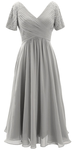 MACloth Women Midi Mother Bride Dresses Short Sleeves Wedding Guest Tea Length