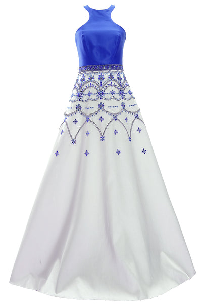 MACloth Women Racer Neck Satin Long Prom Dress Beaded Formal Evening Gown