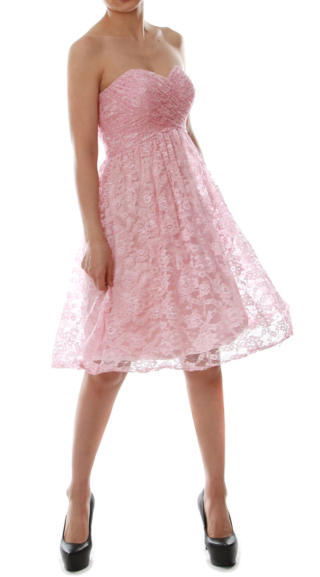 MACloth Women Strapless Wedding Party Formal Gown Short Lace Bridesmaid Dress