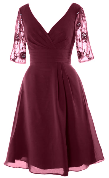 MACloth Mother of Bride Short Dresses Half Sleeves V Neck Cocktail