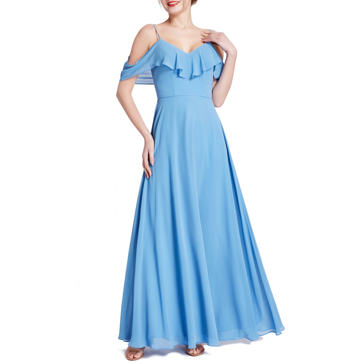 MACloth Women V Neck Cold Shoulder Long Maxi Wedding Party Bridesmaid Dresses