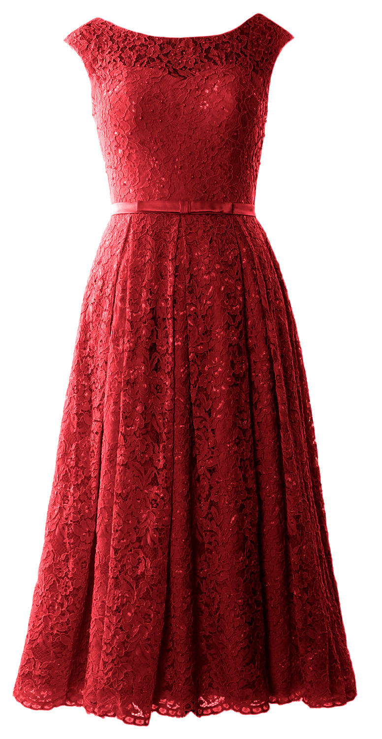 MACloth Women Tea Length Mother Bride Gown Dresses Cap Sleeve Lace Midi Corset