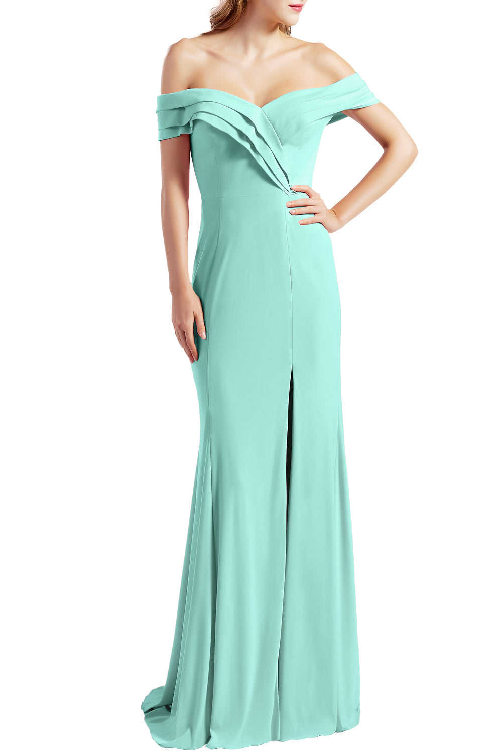 MACloth Women Prom Dresses with Side Split Off the Shoulder Formal Evening Gown