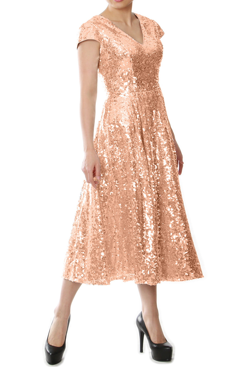 MACloth Damen Midi-Kleid für die Brautmutter, Pailletten, Flügelärmel, für Hochzeit, Party