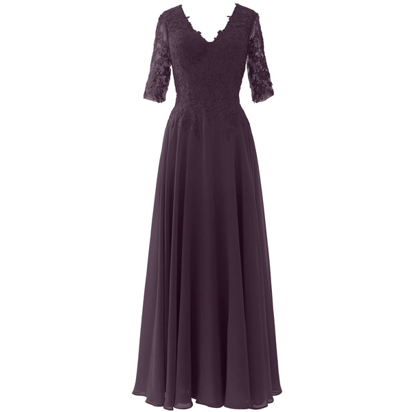 MACloth Long Maxi Mother Bride Dresses Short Sleeve Lace V Neck Evening Gown