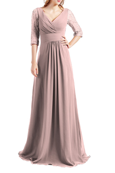 MACloth Women Half Sleeve V Neck Lace Long Wedding Party Bridesmaid Mother Dress