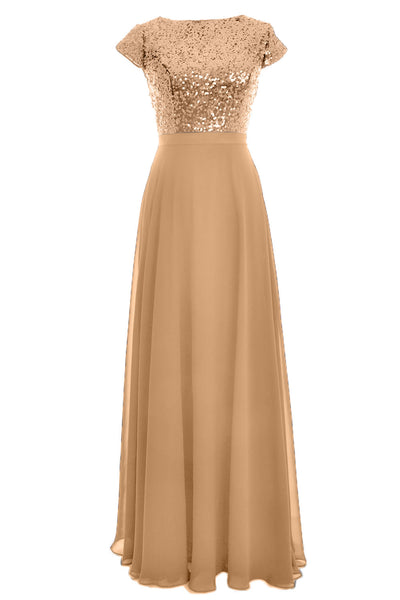 MACloth Women Cap Sleeve Sequin Long Birdesmaid Dress Wedding Party Formal Gown