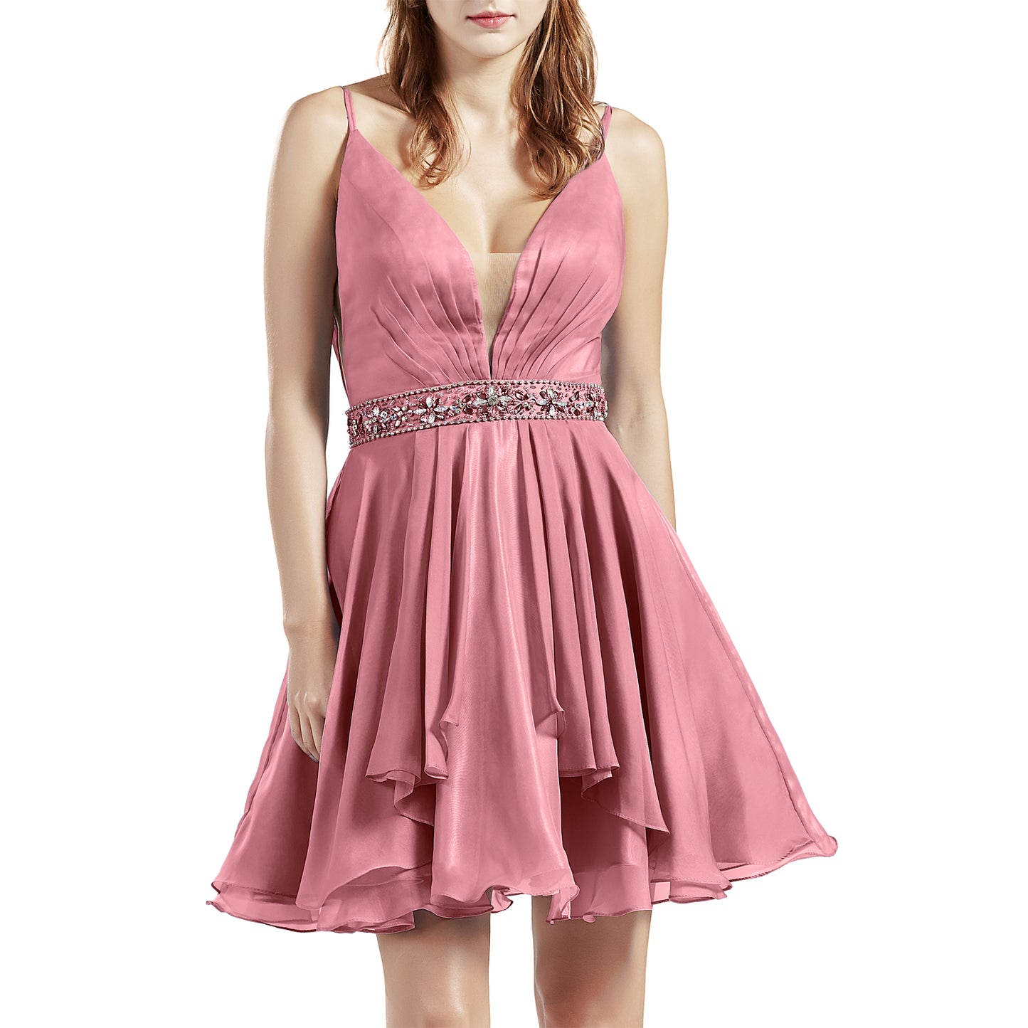 MACloth Women Short V Neck Beading Chiffon Cute Prom Homecoming Dresses Cocktail