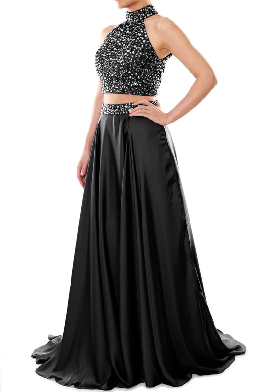 Vestido de fiesta de dos piezas para mujer de MACloth, vestido de noche formal largo de gasa con cuello alto