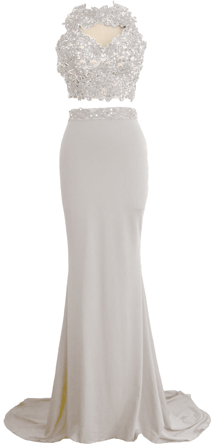 MACloth Damen Meerjungfrau 2-teiliges langes Ballkleid aus Spitze und Jersey, Abendkleid