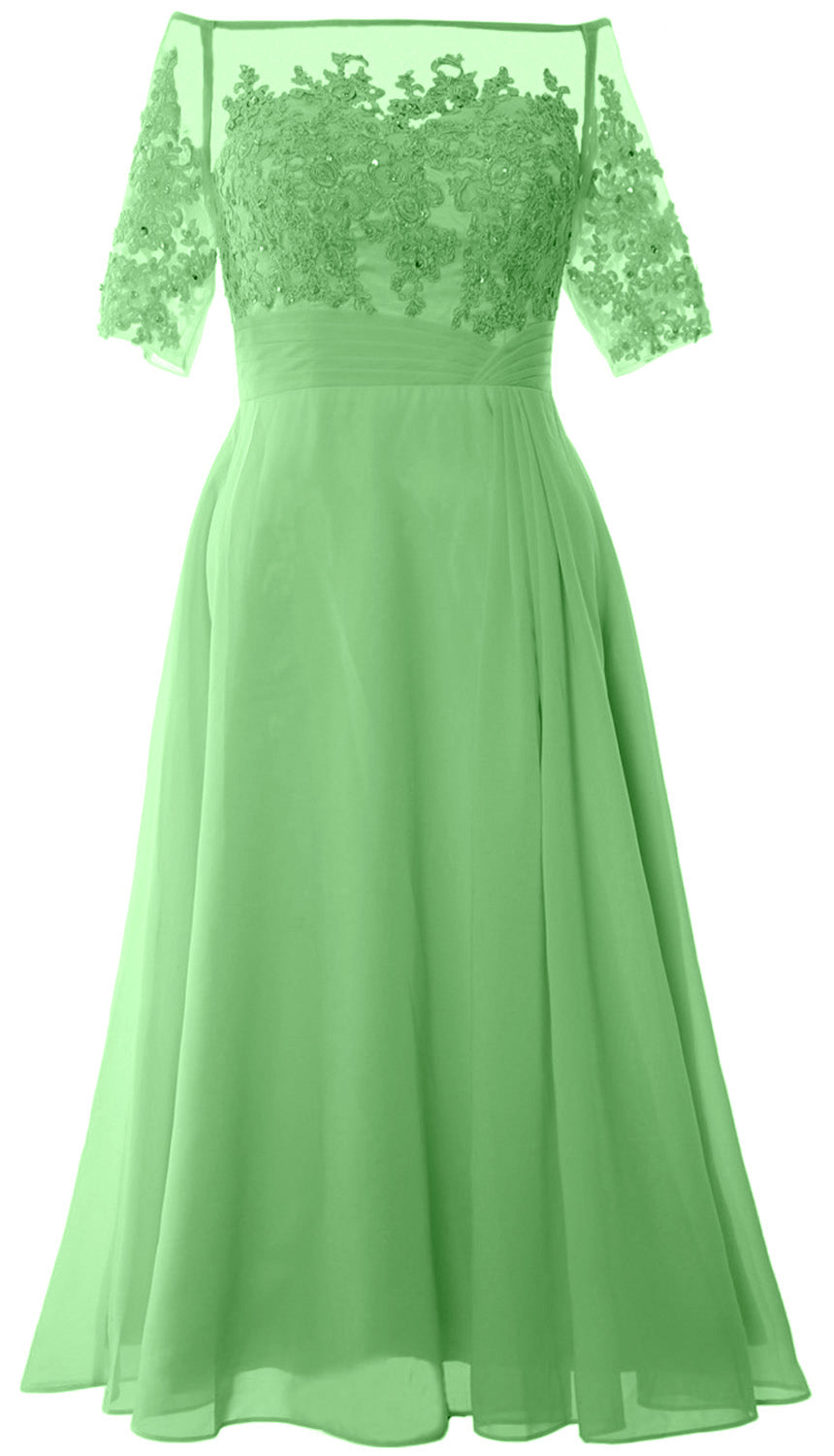 Vestidos de madre de la novia de MACloth, mangas cortas, midi, hombros descubiertos, semi formales