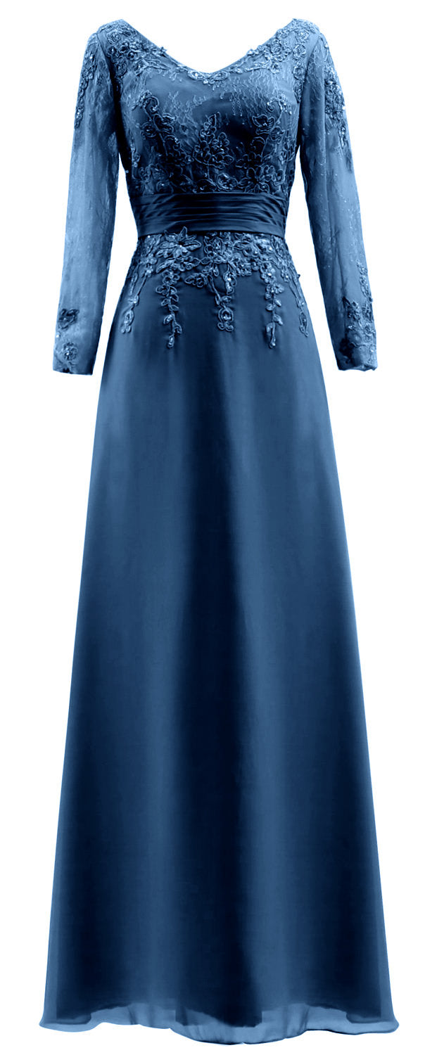 MACloth Vestidos de madre de la novia Mangas largas Cuello en V Encaje Vestido de noche formal