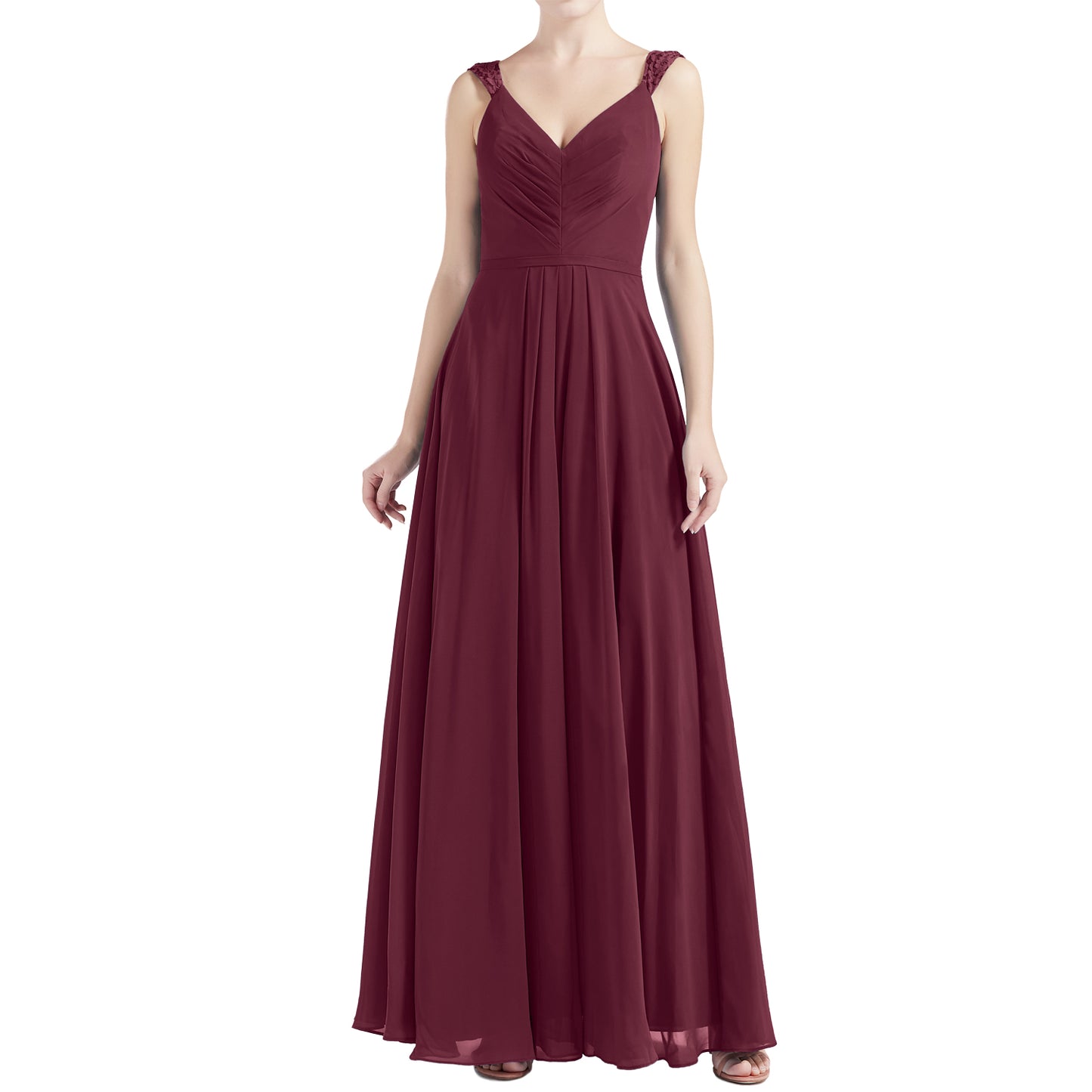 MACloth Women V Neck Lace Chiffon A Line Maxi Wedding Party Bridesmaid Dresses