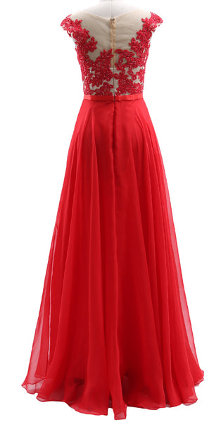 MACloth Cap Sleeves Illusion Long Prom Dress Lace Chiffon Wedding Party Dress