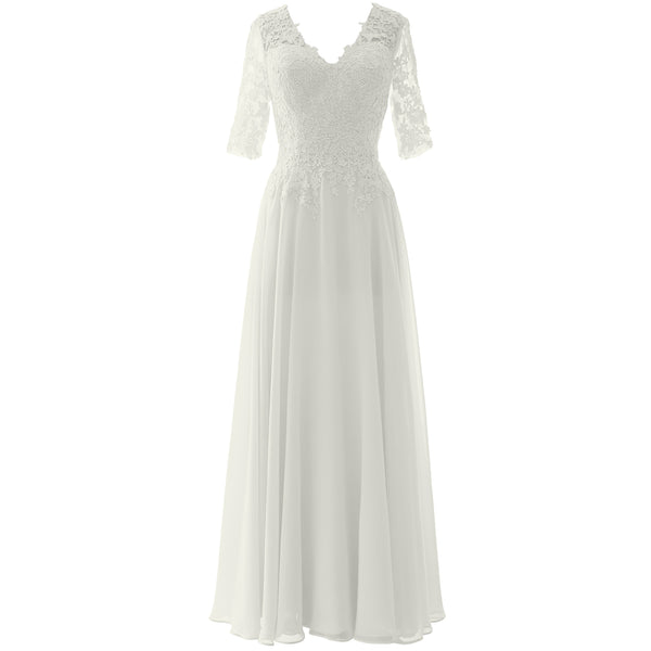 MACloth Long Maxi Mother Bride Dresses Short Sleeve Lace V Neck Evening Gown