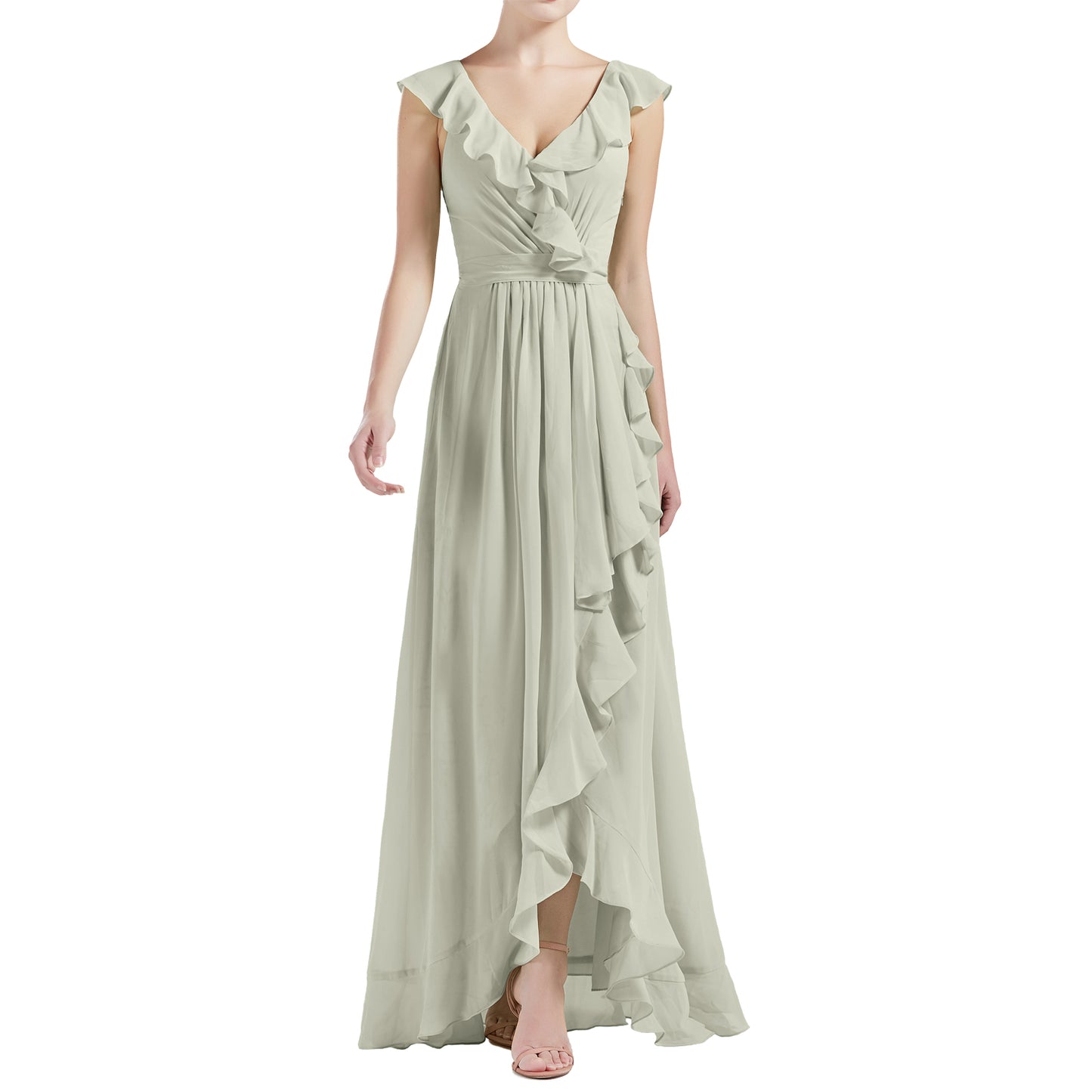 MACloth Women V Neck Ruffle Cap Sleeve Hi-Lo Long Wedding Bridesmaid Dresses