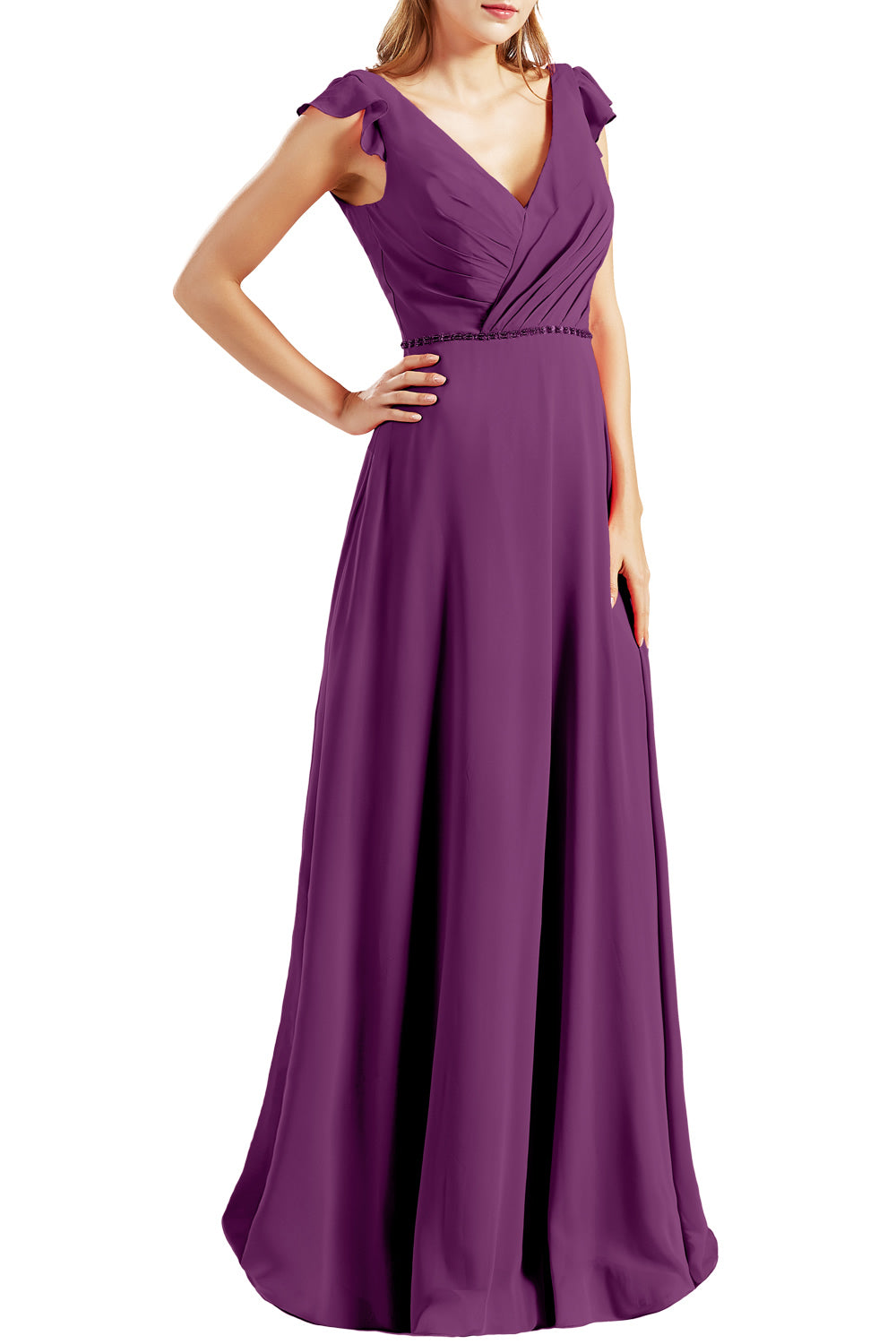 MACloth Women Cap Sleeves V Neck Chiffon Long Bridesmaid Dresses Evening Gown