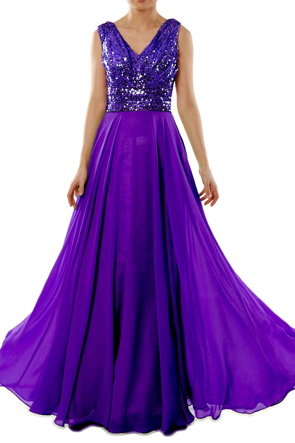 MACloth Women Sleeveless Long Bridesmaid Dresses V Neck Sequin Evening Gown