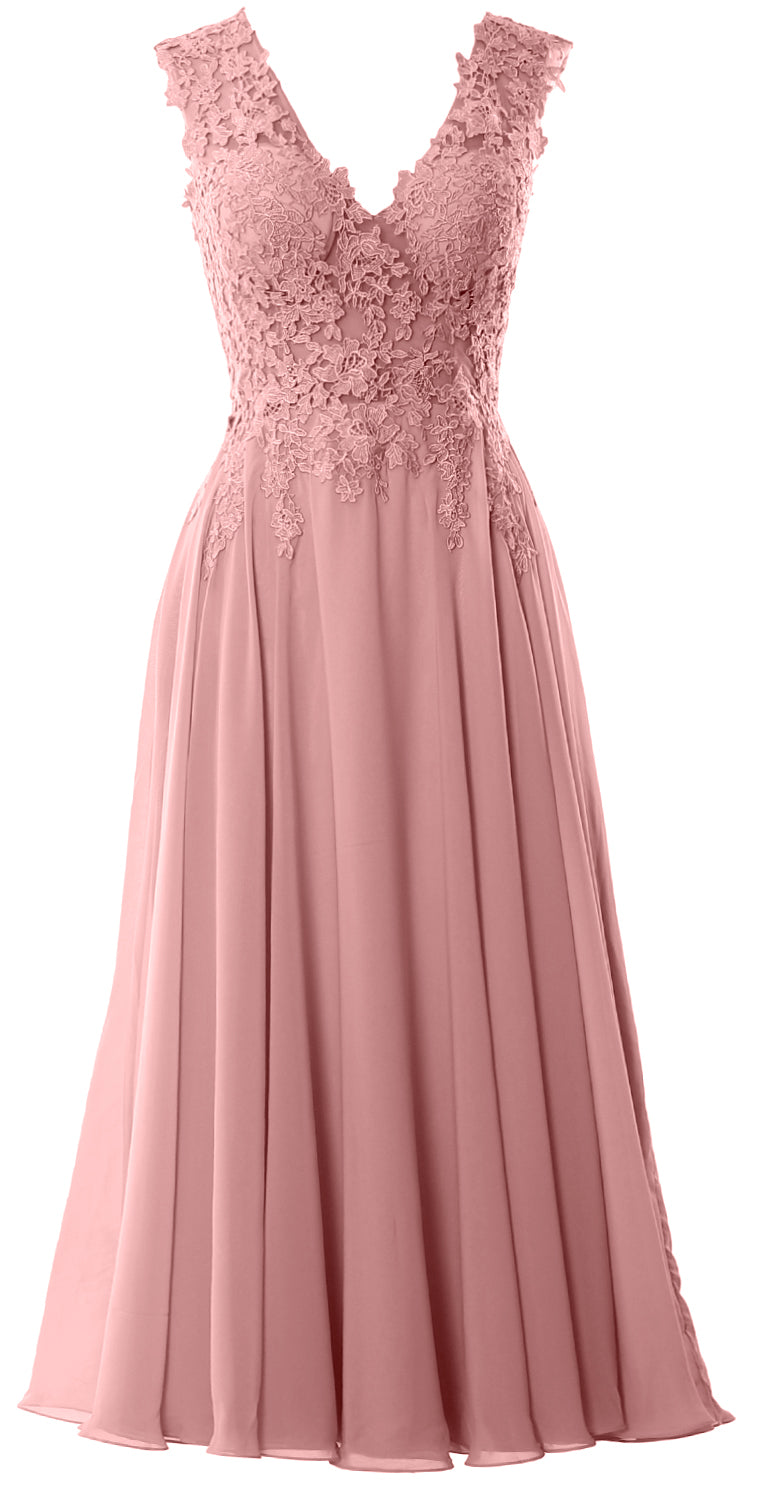 MACloth Women V Neck Lace Mother Bride Dresses Midi Tea Length Wedding Dinner