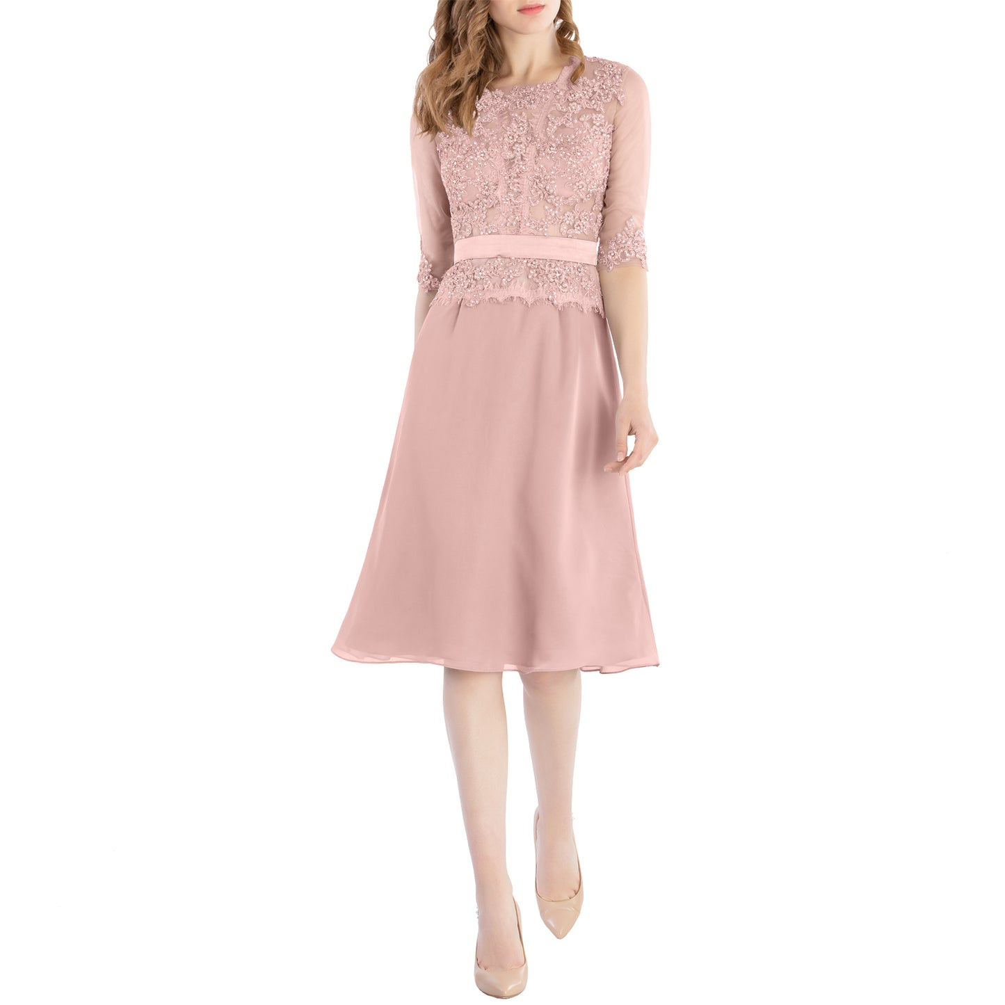 MACloth Damen-Kleid mit Rundhalsausschnitt, Perlenspitze, kurze Halbärmel, für die Brautmutter, Hochzeit, Brautparty