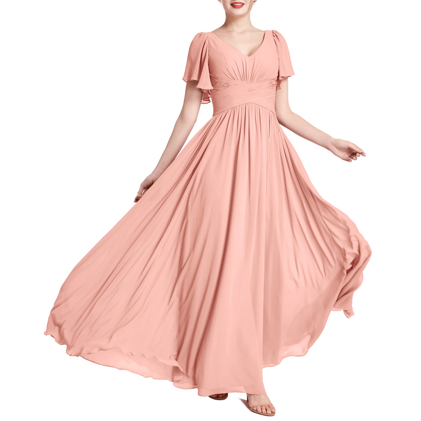 MACloth Vestidos de dama de honor románticos para fiesta de boda con cuello en V y manga corta para mujer