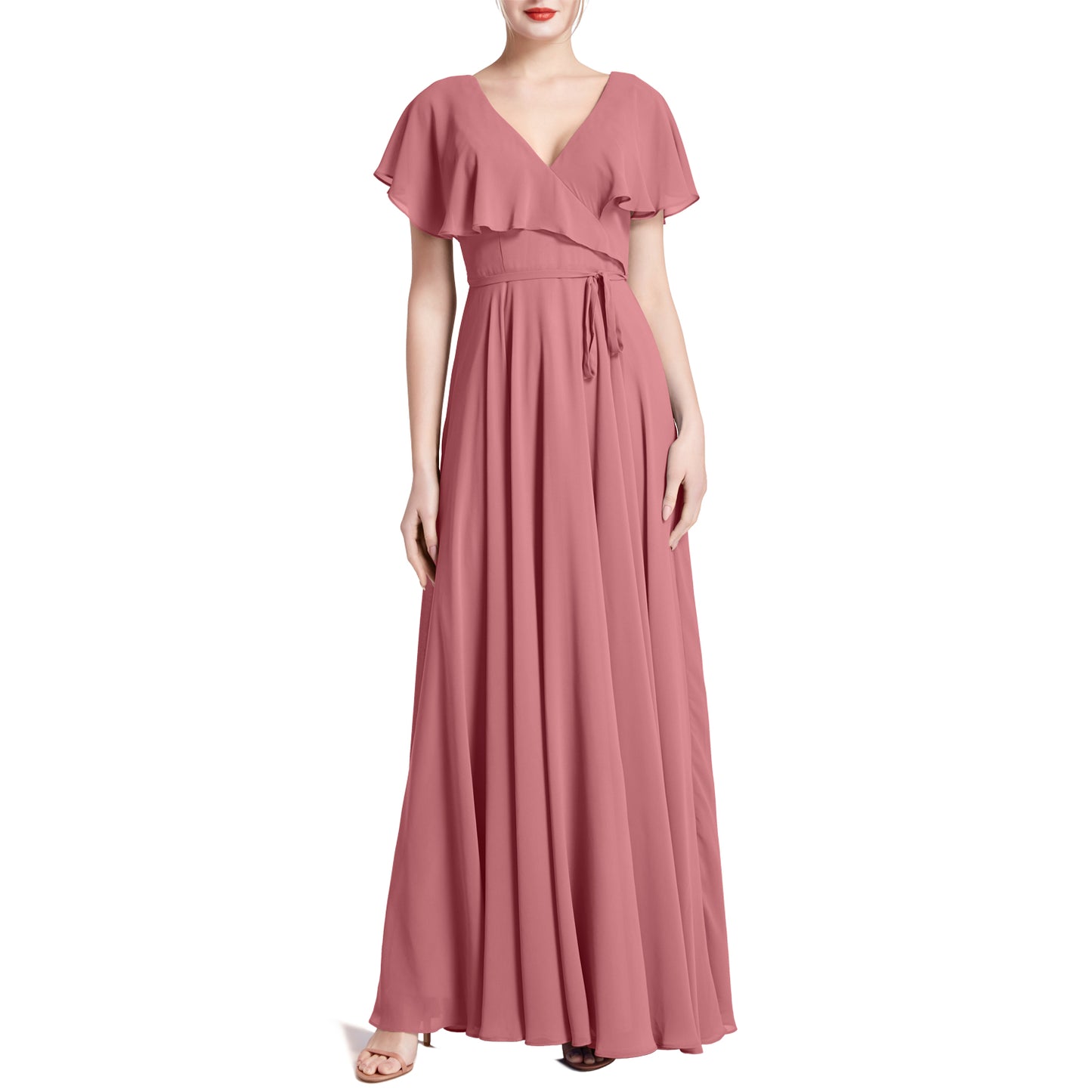 MACloth Women V Neck Ruffle BatWing Short Sleeve Maxi Wedding Bridesmaid Dresses