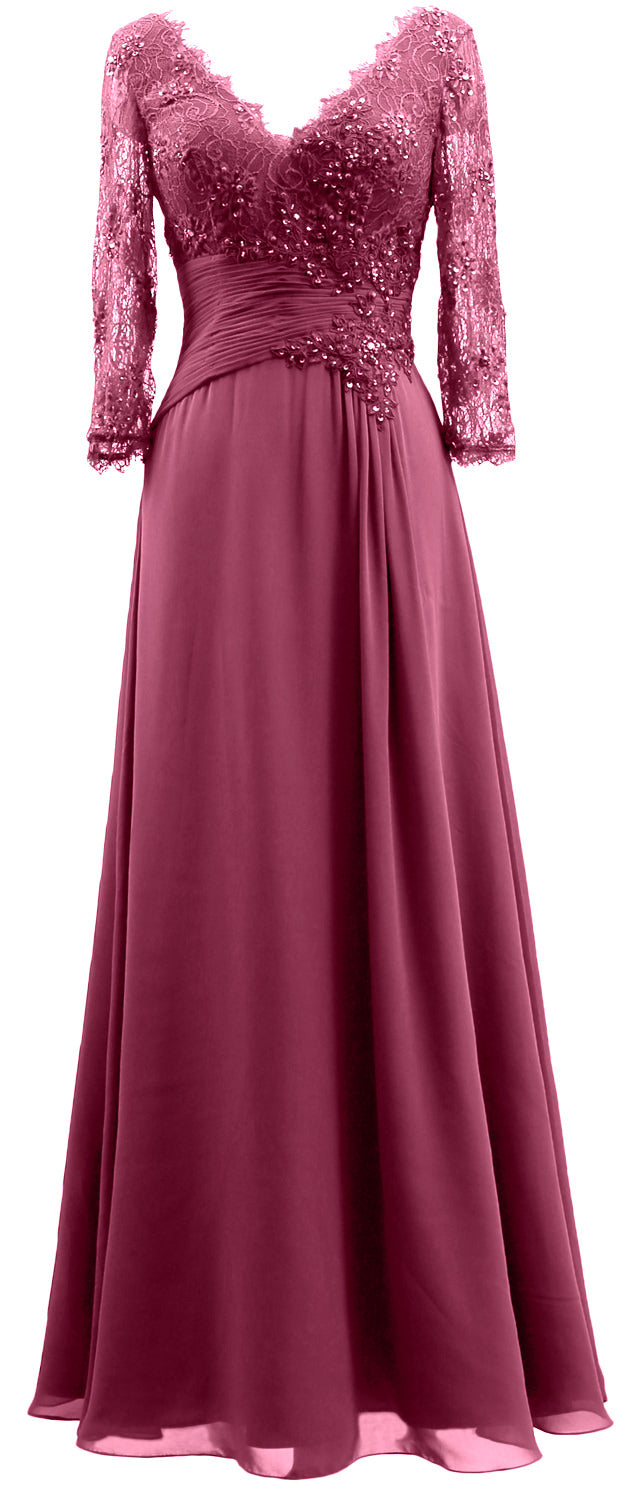 MACloth Women V Neck Long Mother of Bride Dresses 3/4 Sleeve Formal Ev