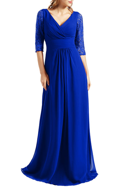 MACloth Women Long Mother of the Bride Dresses V Neck 3/4 Sleeves Evening Gown
