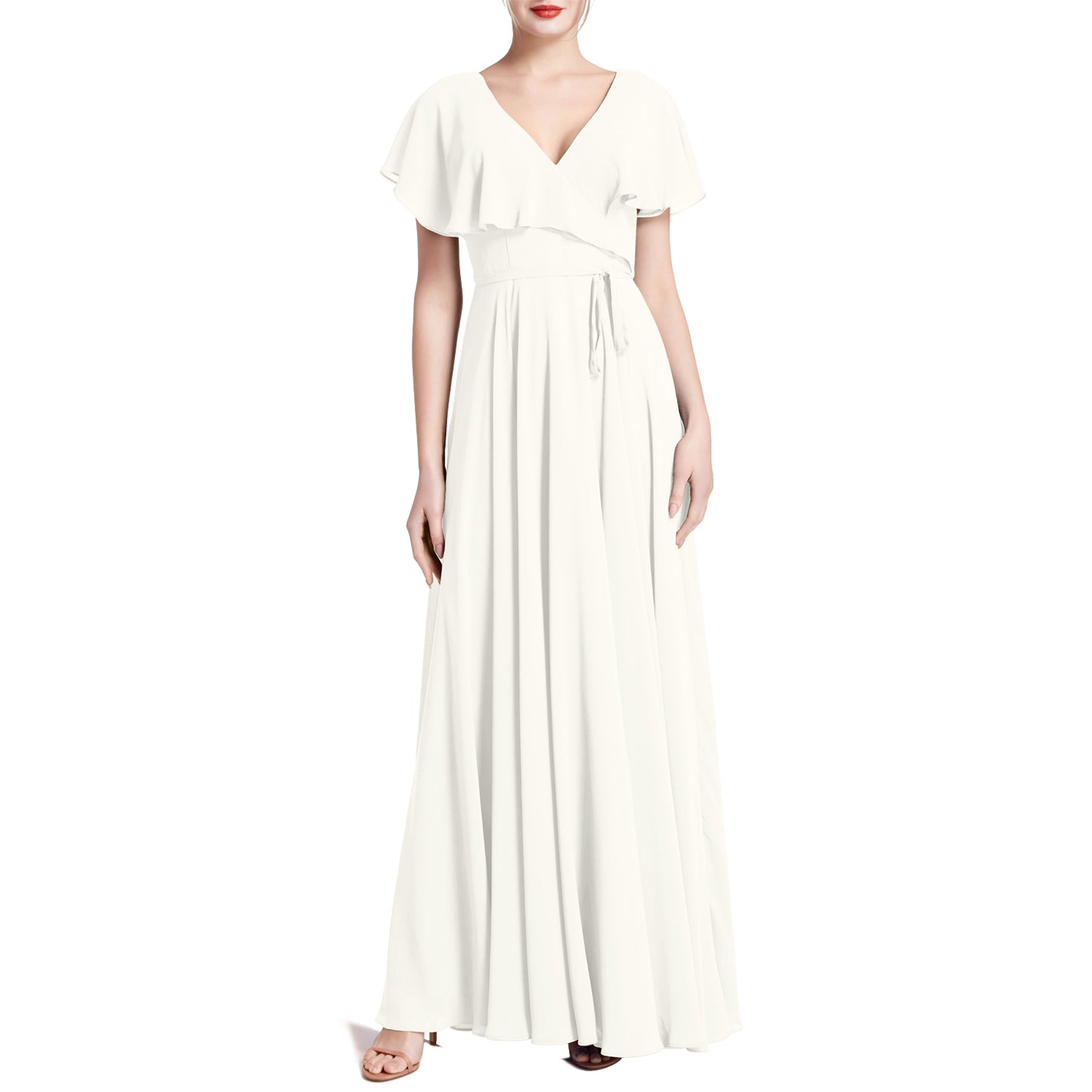 MACloth Women V Neck Ruffle BatWing Short Sleeve Maxi Wedding Bridesmaid Dresses