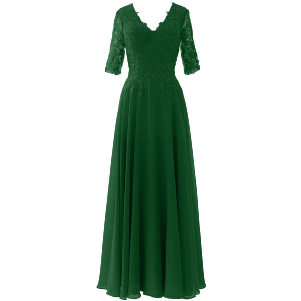 MACloth Long Maxi Mother Bride Dresses Short Sleeve Lace V Neck Evening Gown