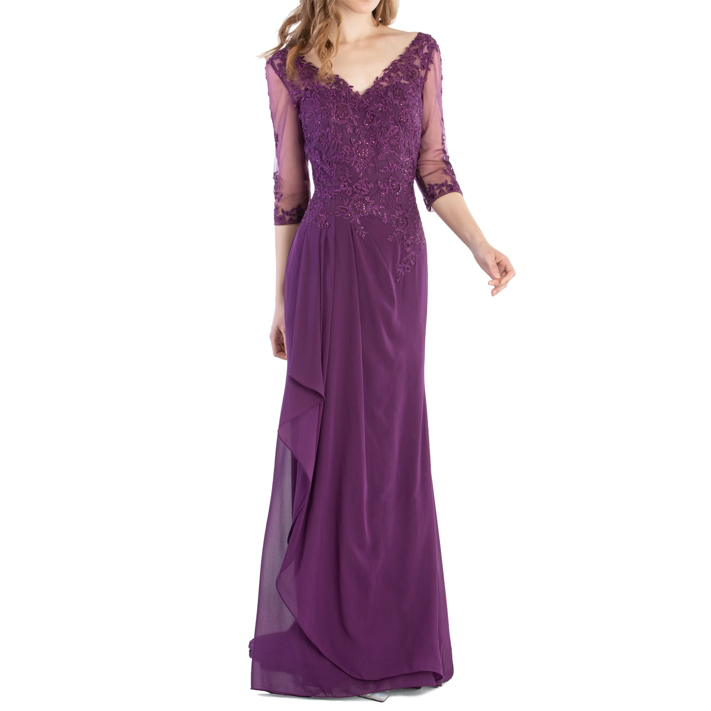 Vestido de novia largo de encaje con escote en V y mangas 3/4 de MACloth para madre de la novia y dama de honor