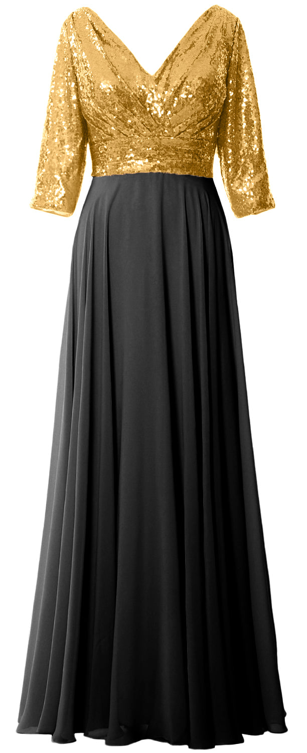 MACloth Damen Maxikleid mit langen Ärmeln und V-Ausschnitt und Pailletten