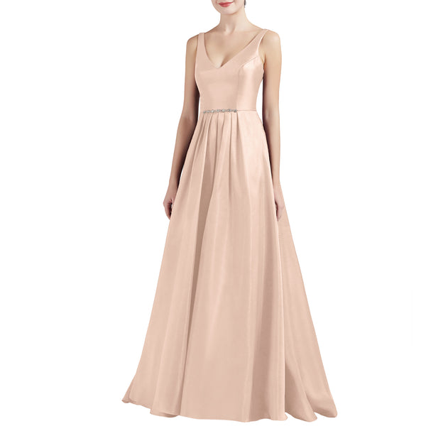 MACloth Women A Line V Neck Long Satin Prom Party Dresses Wedding Ball Gown