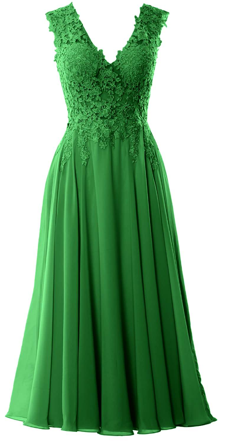 MACloth Women V Neck Lace Mother Bride Dresses Midi Tea Length Wedding Dinner
