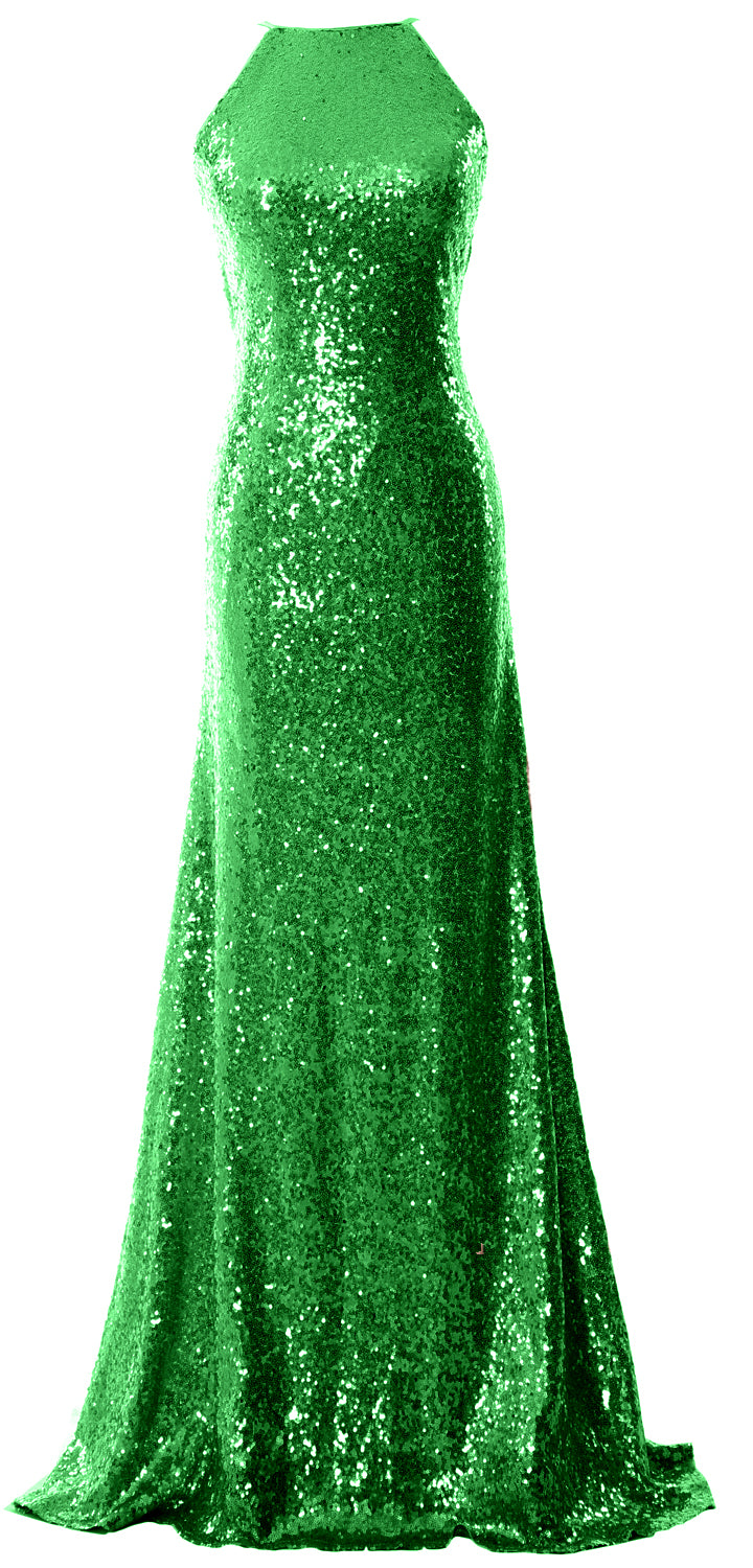 MACloth Women Bridesmaid Dress Sequin Long Halter Cowlback Prom Ball Gown