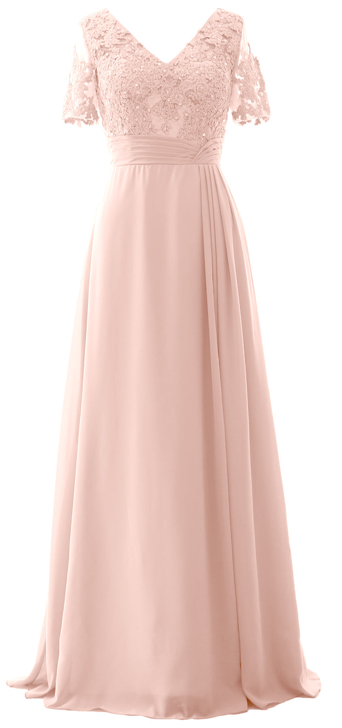 MACloth Women V Neck Long Mother of Bride Dresss Lace Evening Gown Short Sleeves