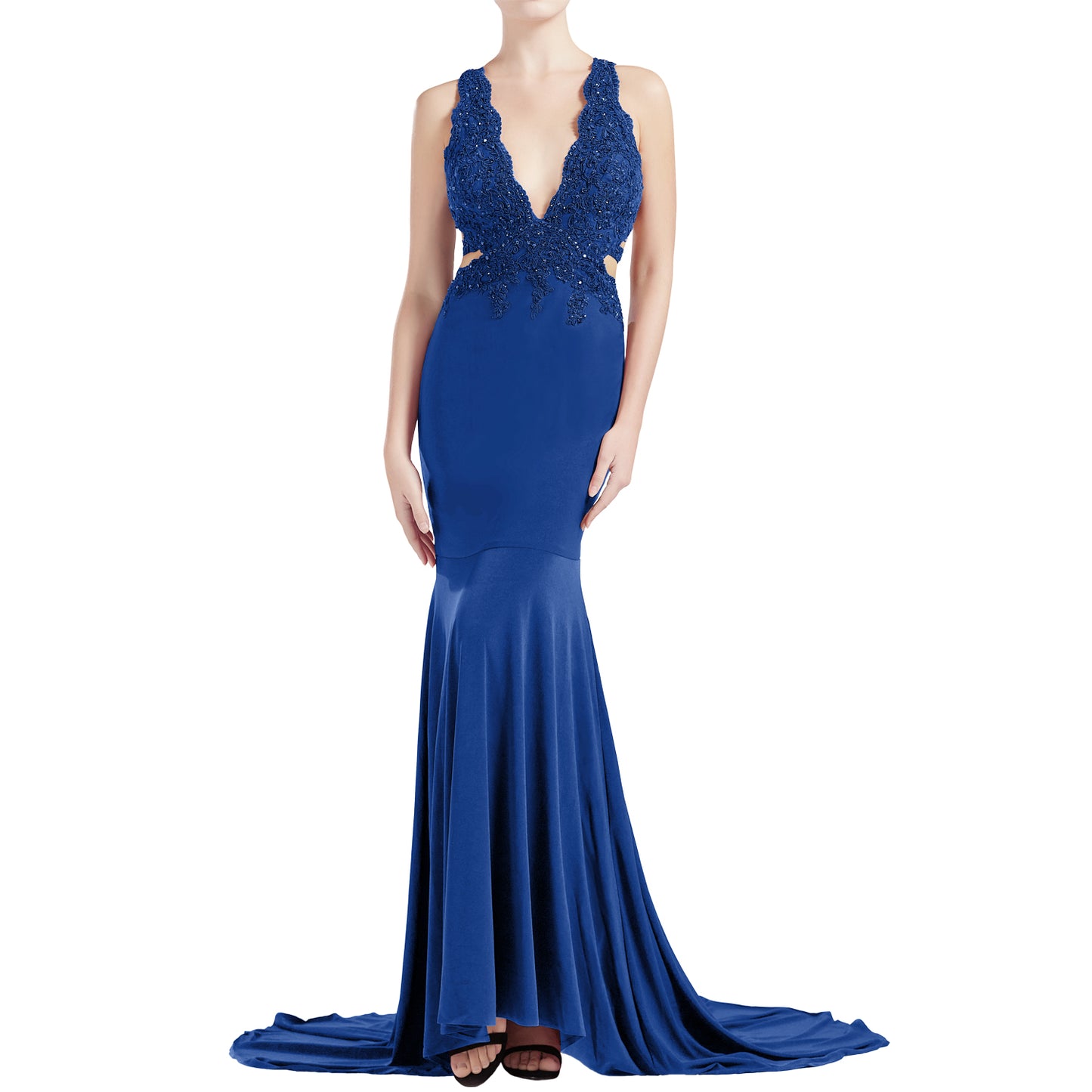 MACloth Damen Meerjungfrau V-Ausschnitt Spitze Langes Ballkleid Formales Abendkleid