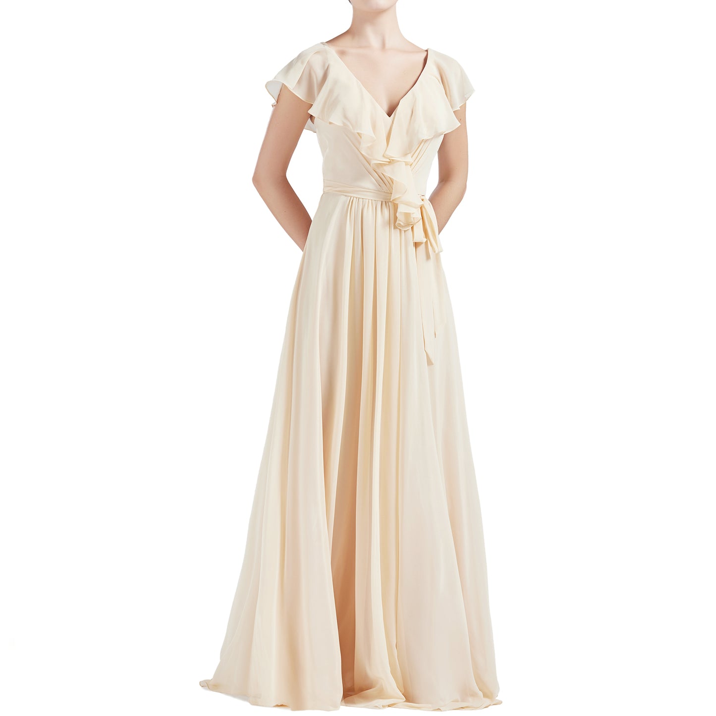MACloth Women V Neck Ruffle Cap Sleeves Long Bridesmaid Dresses