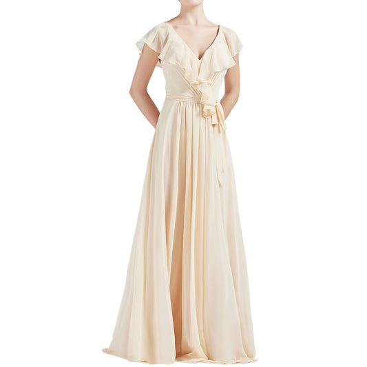 MACloth Vestidos largos de dama de honor con escote en V y mangas cortas con volantes para mujer