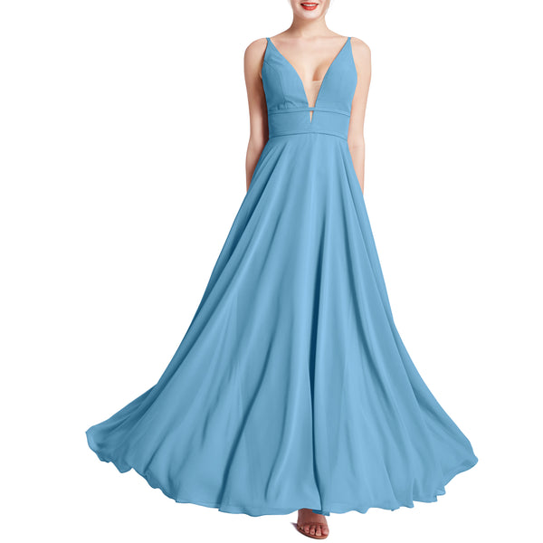 MACloth Women Plunge V Neck Long Elegant Wedding Party Bridesmaid Dresses