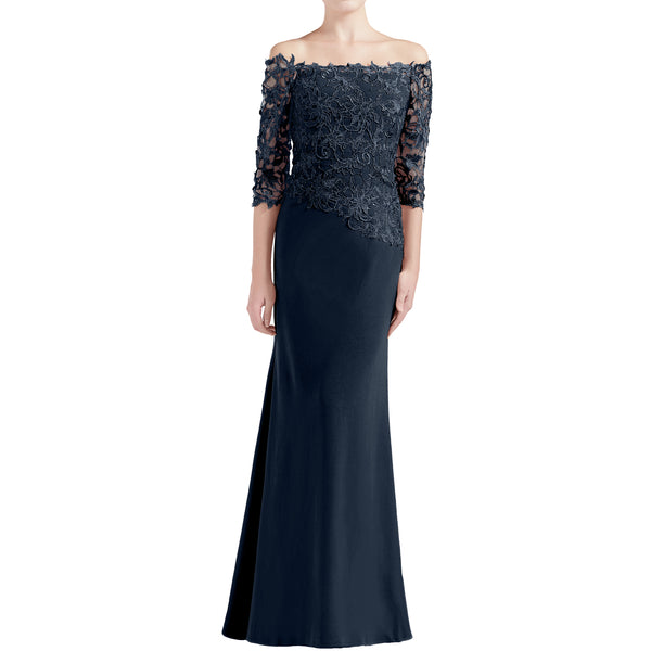 MACloth Women Off Shoulder 3/4 Sleeves Long Mother Bride Dresses Evening Gown