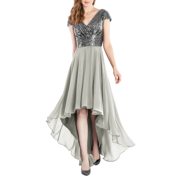 MACloth Mother of Bride Dresses Cap Sleeves High Low Sequin Wedding Formal Gown