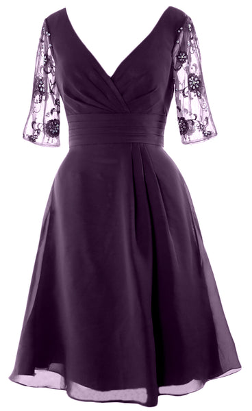 MACloth Mother of Bride Short Dresses Half Sleeves V Neck Cocktail