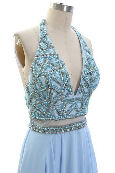 MACloth Women Halter V Neck Beaded Formal Evening Gown Two Piece Long Prom Dress