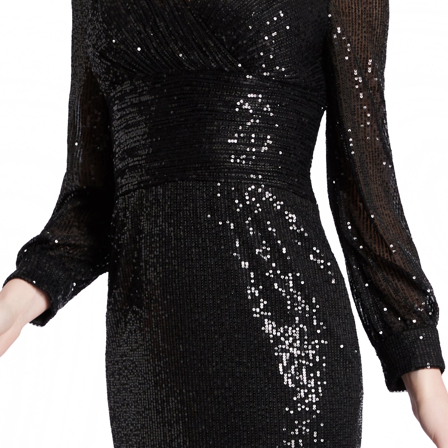 MACloth Damen Empire-Kleid mit V-Ausschnitt, langen Ärmeln und Pailletten, kurz, Cocktailparty-Kleid